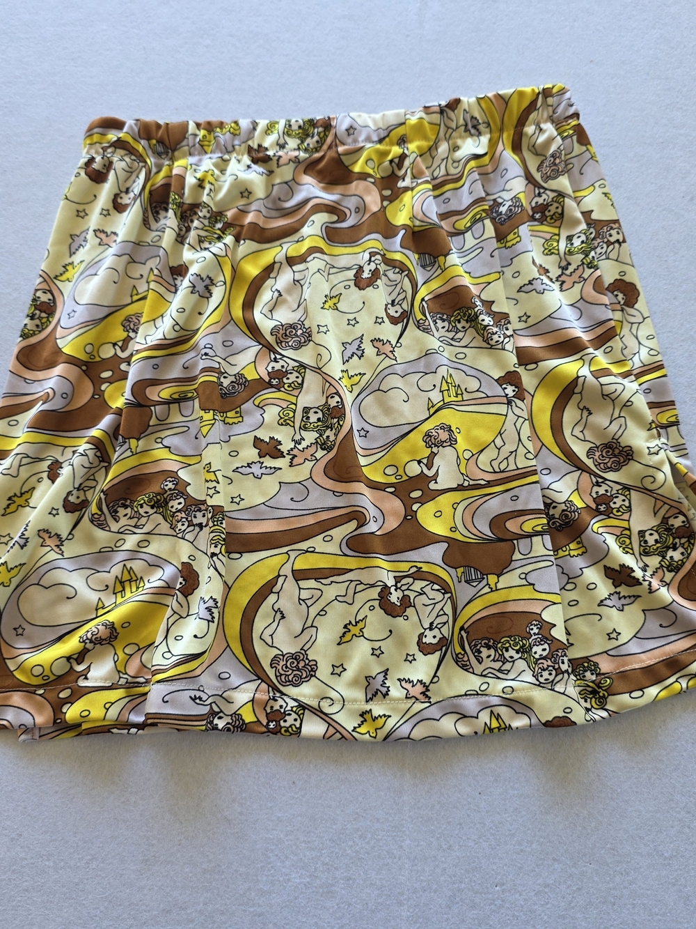 Indie Sleaze Mamie Ruth Yellow & Brown Retro Print Mini Skirt with Elastic Waist